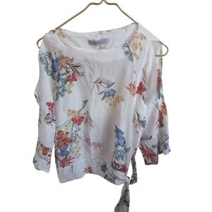 Marella Maxmara White Floral Cold Shoulder 100% SILK Tie Waist Blouse Size 2